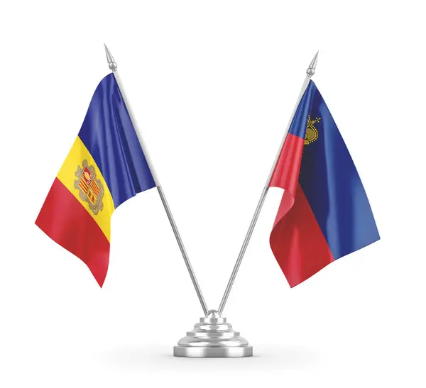 Liechtenstein og Andorra bordflag isoleret på hvid 3D rendering - Stock-foto