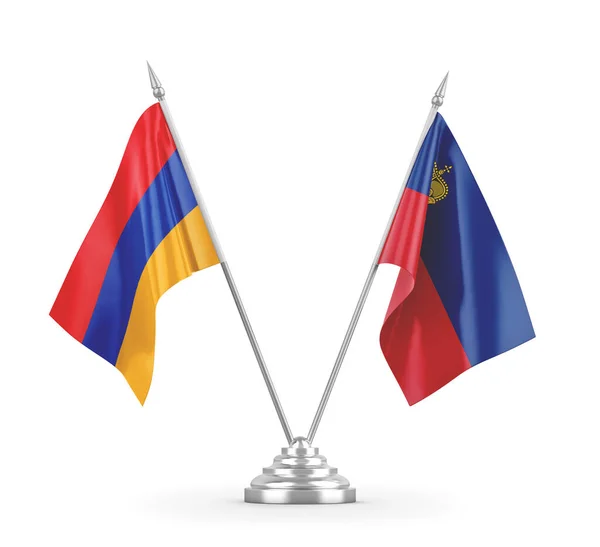 Drapeaux de table Liechtenstein et Arménie isolés sur un rendu 3D blanc — Photo