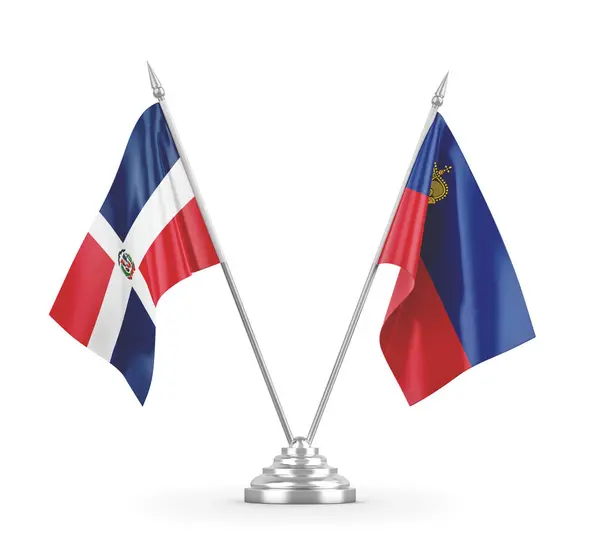 Banderas de mesa Liechtenstein y República Dominicana aisladas en renderizado 3D blanco — Foto de Stock