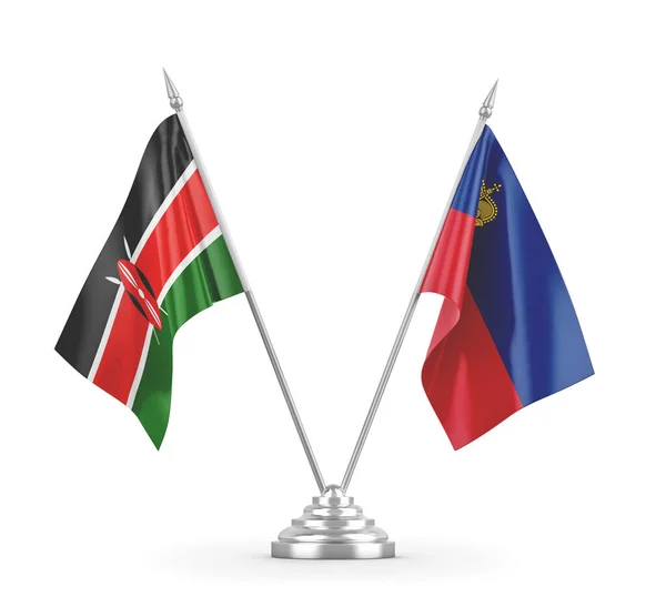Banderas de mesa Liechtenstein y Kenia aisladas en renderizado 3D blanco —  Fotos de Stock