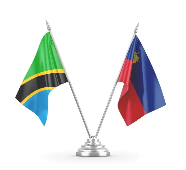 Banderas de mesa Liechtenstein y Tanzania aisladas en renderizado 3D blanco — Foto de Stock