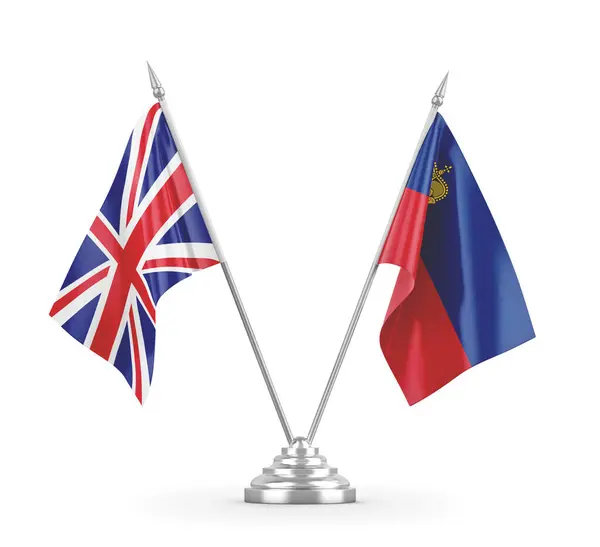 Bandeiras de mesa Liechtenstein e Reino Unido isoladas em renderização 3D branca — Fotografia de Stock