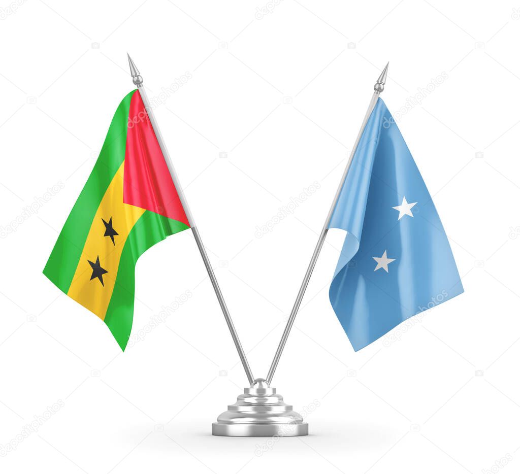 Micronesia and Sao Tome and Principe table flags isolated on white 3D rendering