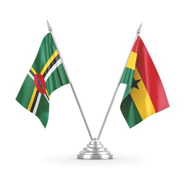 Gana ve Dominica masa bayrakları beyaz 3D görüntüleme üzerinde izole edildi