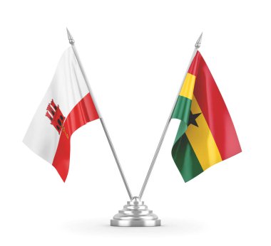 Gana ve Gibraltar masa bayrakları beyaz 3D görüntüleme üzerinde izole edildi