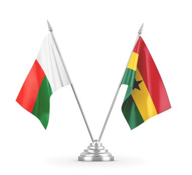 Gana ve Madagaskar masa bayrakları beyaz 3D görüntüleme üzerinde izole edildi