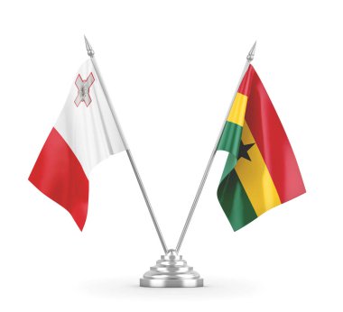 Gana ve Malta masa bayrakları beyaz 3D görüntüleme üzerinde izole edildi