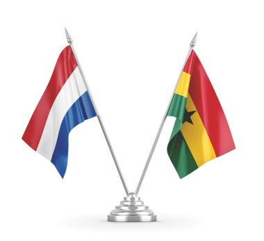 Gana ve Hollanda masa bayrakları beyaz 3D görüntüleme üzerinde izole edildi