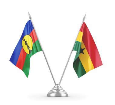 Gana ve Yeni Kaledonya masa bayrakları beyaz 3D görüntüleme üzerinde izole