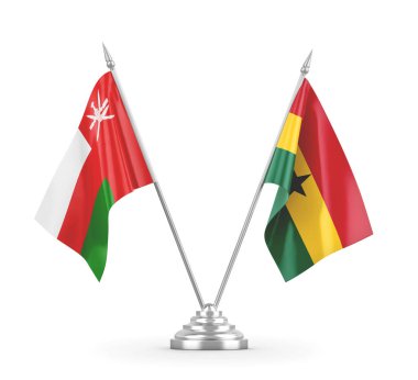 Gana ve Umman masa bayrakları beyaz 3D görüntüleme üzerinde izole