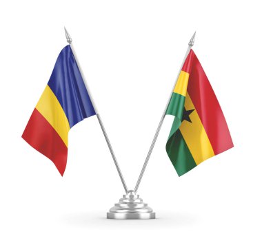 Gana ve Romanya masa bayrakları beyaz 3D rendelemede izole edildi