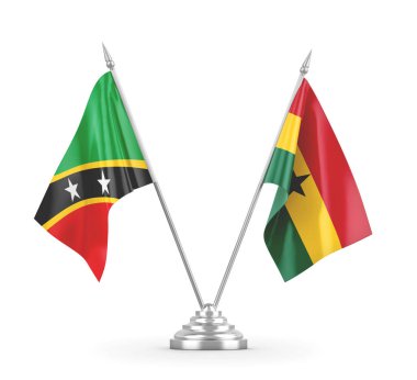 Gana, Saint Kitts ve Nevis masa bayrakları beyaz 3D görüntülerde izole edilmiş.