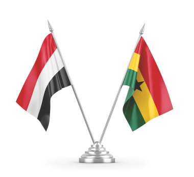 Gana ve Yemen masa bayrakları beyaz 3D görüntüleme üzerinde izole edildi
