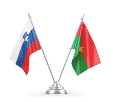 Burkina Faso ve Slovenya masa bayrakları beyaz 3D görüntüleme üzerinde izole edildi