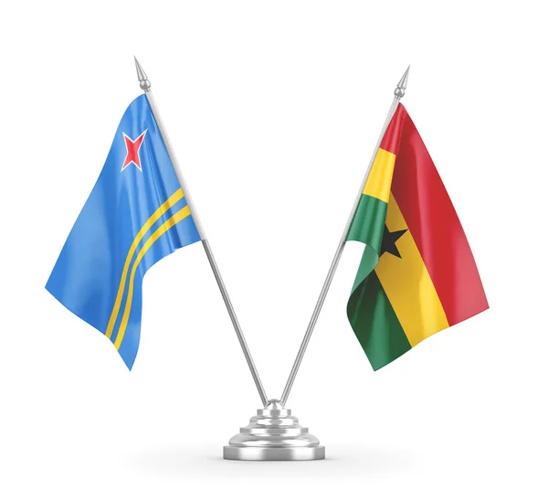 Banderas de mesa Ghana y Aruba aisladas en renderizado 3D blanco — Foto de Stock