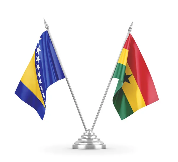 Banderas de mesa Ghana y Bosnia y Herzegovina aisladas en renderizado 3D blanco — Foto de Stock