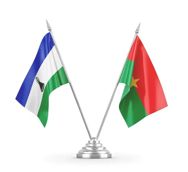 Banderas de mesa Burkina Faso y Lesotho aisladas en renderizado 3D blanco — Foto de Stock