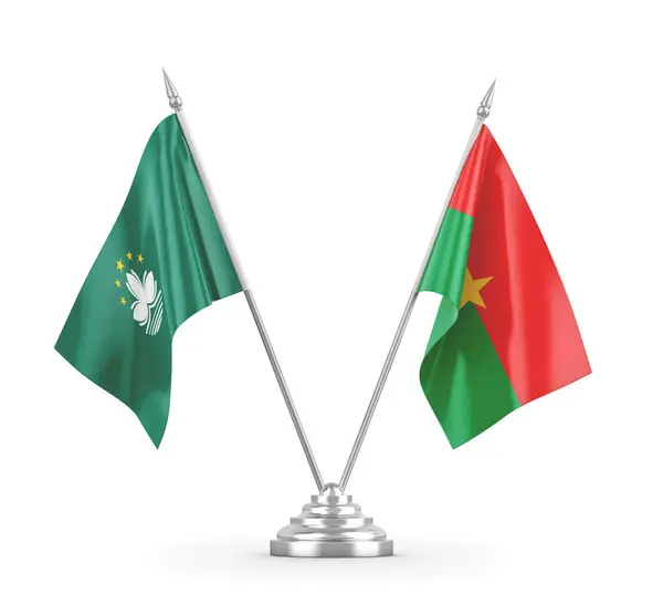 Banderas de mesa Burkina Faso y Macao aisladas en renderizado 3D blanco — Foto de Stock