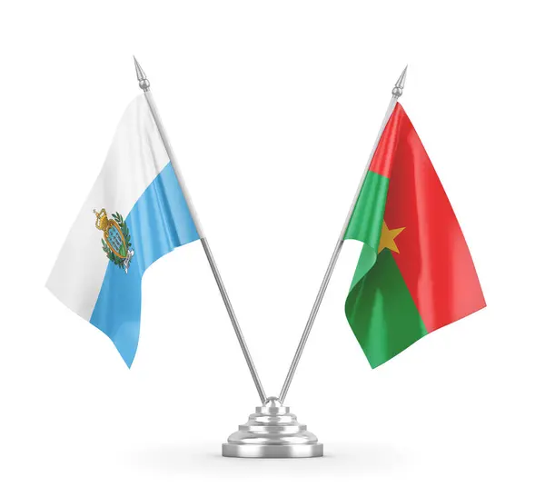 Banderas de mesa Burkina Faso y San Marino aisladas en renderizado 3D blanco — Foto de Stock