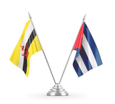Küba ve Brunei masa bayrakları beyaz 3D görüntüleme üzerinde izole
