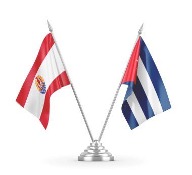 Küba ve Fransız Polinezya masa bayrakları beyaz 3D görüntüleme üzerinde izole