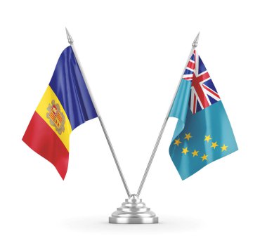 Tuvalu ve Andorra masa bayrakları beyaz 3D görüntüleme üzerinde izole edildi 