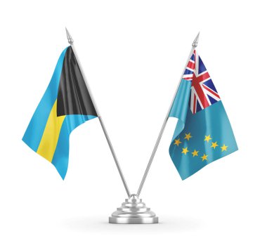 Tuvalu ve Bahamalar masa bayrakları beyaz 3D görüntüleme üzerinde izole edildi 