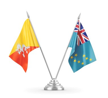 Tuvalu ve Butan masa bayrakları beyaz 3D görüntüleme üzerinde izole edildi 