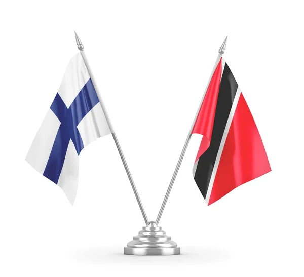 Bandiere da tavolo Trinidad e Tobago e Finlandia isolate su rendering 3D bianco — Foto Stock