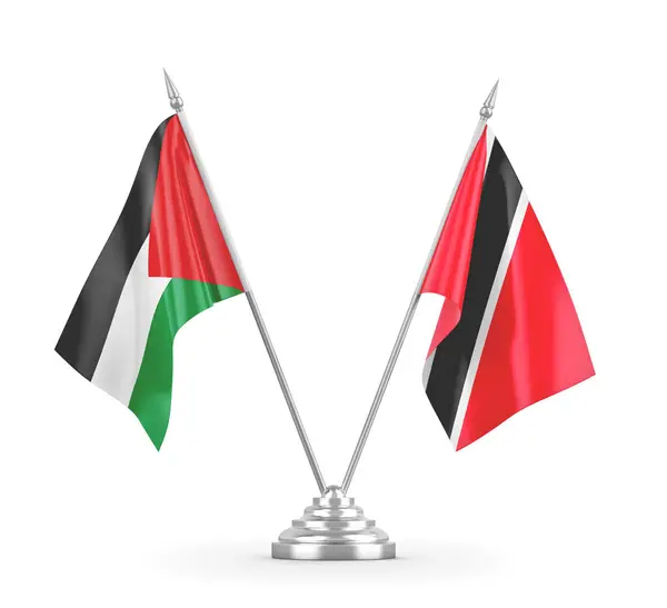 Banderas de mesa Trinidad y Tobago y Palestina aisladas en renderizado 3D blanco —  Fotos de Stock