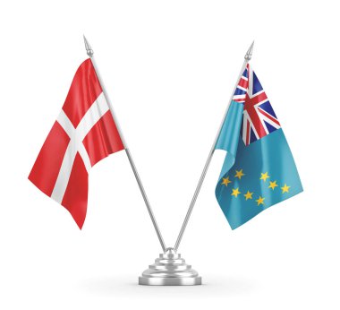 Tuvalu ve Danimarka bayrakları beyaz 3D görüntüleme üzerinde izole edildi