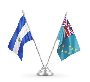 Tuvalu ve El Salvador masa bayrakları beyaz 3D görüntüleme üzerinde izole edildi