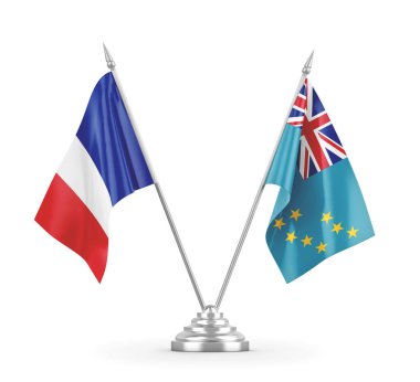 Tuvalu ve Fransa masa bayrakları beyaz 3D görüntüleme üzerinde izole edildi