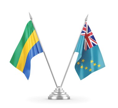 Tuvalu ve Gabon masa bayrakları beyaz 3D görüntüleme üzerinde izole edildi
