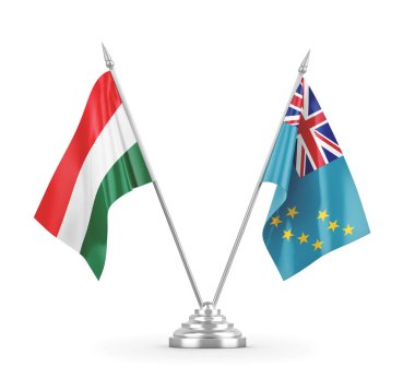 Tuvalu ve Macaristan bayrakları beyaz 3D görüntüleme üzerinde izole edildi