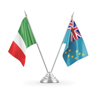 Tuvalu ve İtalya masa bayrakları beyaz 3D görüntüleme üzerinde izole edildi