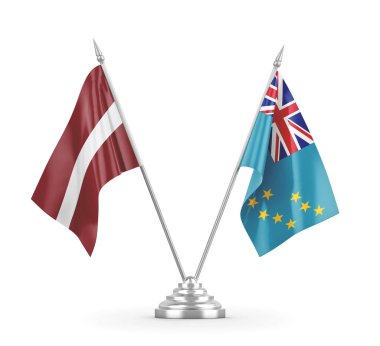 Tuvalu ve Letonya masa bayrakları beyaz 3D görüntüleme üzerinde izole edildi