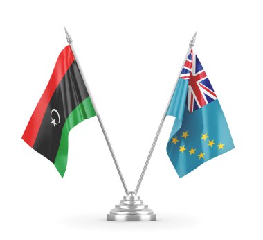 Tuvalu ve Libya masa bayrakları beyaz 3D görüntüleme üzerinde izole edildi