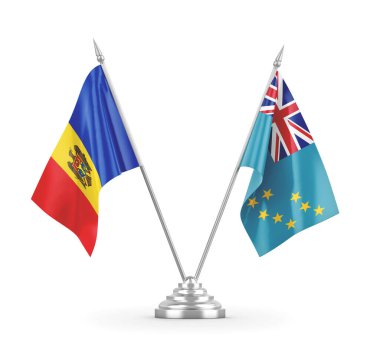 Tuvalu ve Moldova masa bayrakları beyaz 3D görüntüleme üzerinde izole edildi