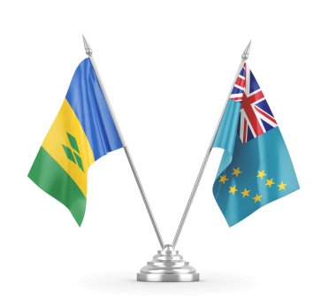 Tuvalu ve Saint Vincent ve Grenadine masa bayrakları beyaz üzerine izole edilmiş.