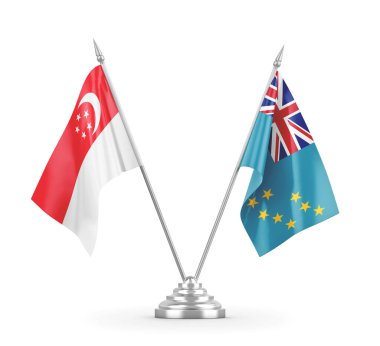 Tuvalu ve Singapur masa bayrakları beyaz 3D görüntüleme üzerinde izole edildi