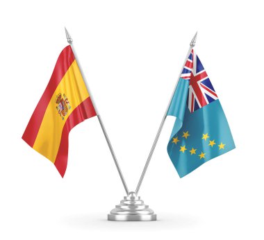 Tuvalu ve İspanya masa bayrakları beyaz 3D görüntüleme üzerinde izole edildi