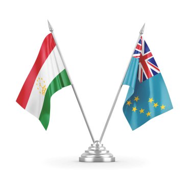 Tuvalu ve Tacikistan masa bayrakları beyaz 3D görüntüleme üzerinde izole edildi