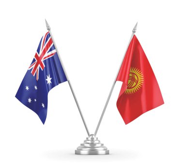 Kırgızistan ve Avustralya masa bayrakları beyaz 3D görüntüleme üzerinde izole edildi 