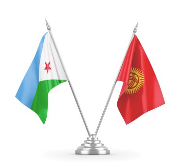 Kırgızistan ve Cibuti masa bayrakları beyaz 3D görüntüleme üzerinde izole edildi