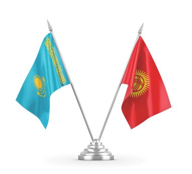 Kırgızistan ve Kazakistan masa bayrakları beyaz 3D görüntüleme üzerinde izole edildi