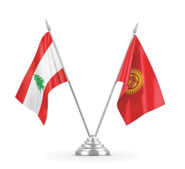 Kırgızistan ve Lübnan masa bayrakları beyaz 3D görüntüleme üzerinde izole edildi