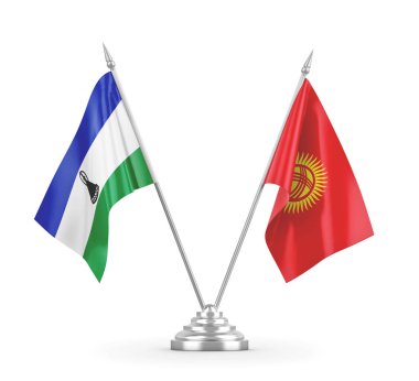 Kırgızistan ve Lesotho masa bayrakları beyaz 3D görüntüleme üzerinde izole