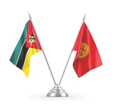 Kırgızistan ve Mozambik masa bayrakları beyaz 3D görüntüleme üzerinde izole edildi