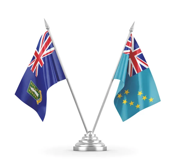 Bandeiras de mesa britânicas Tuvalu e Ilhas Virgens isoladas em renderização 3D branca — Fotografia de Stock